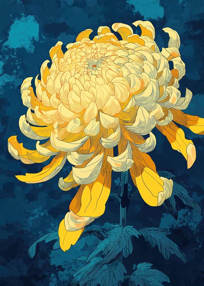 Yellow Chrysanthemum on Dark Blue Background