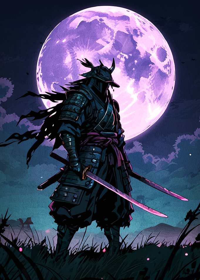 Samurai Warrior Under a Violet Moon