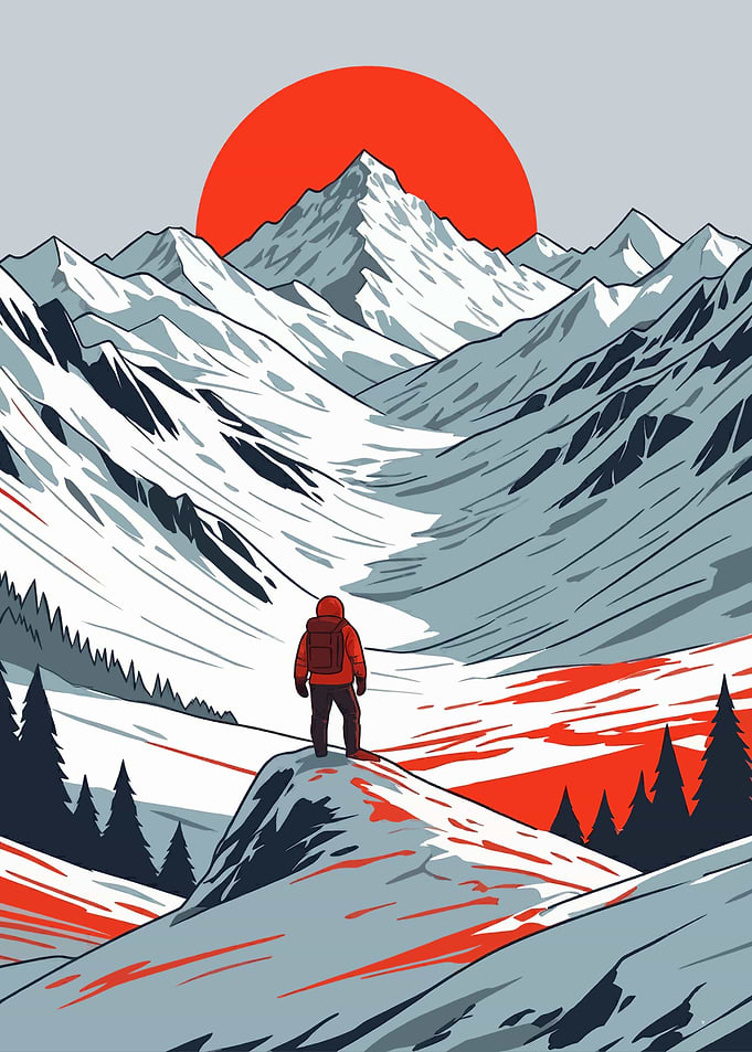 Mountain Hiker with Red Sun