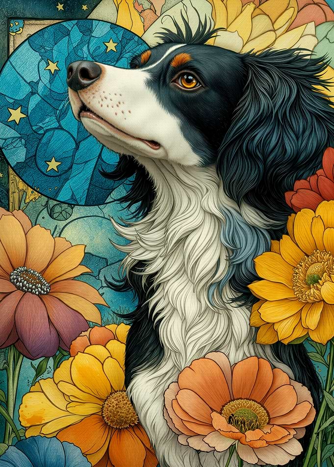 Springer Spaniel Among Flowers