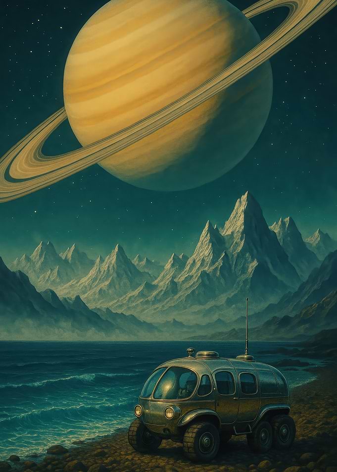 Retro Futuristic Vehicle on Alien Beach