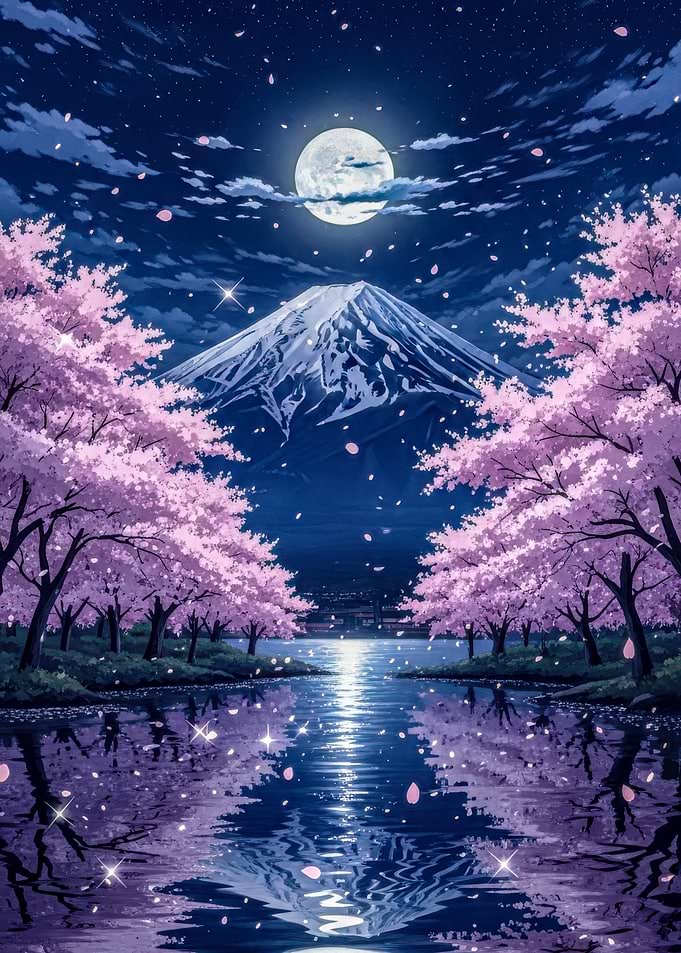 Mount Fuji Cherry Blossoms Night