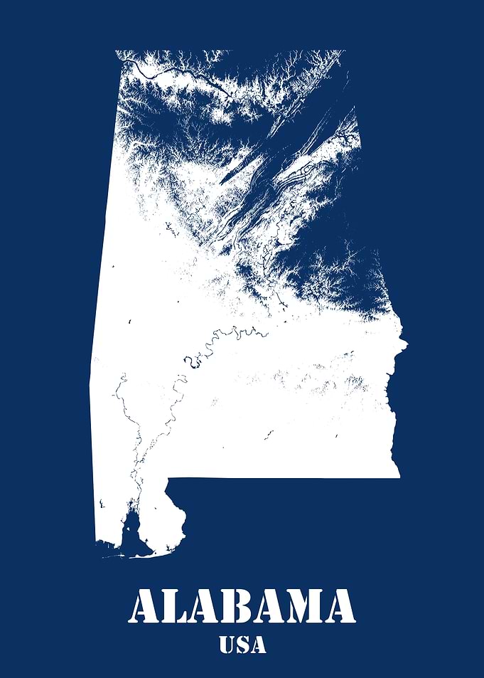 Alabama USA State Minimalist White Topographic Contour Relief Map featuring terrain on navy blue background