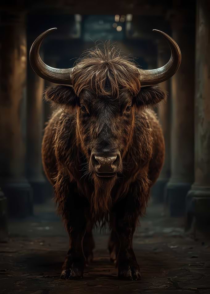 Majestic Shaggy Bull Portrait in Moody Cinematic Light