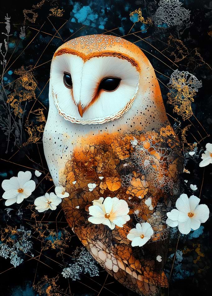 Barn Owl with Floral Accents