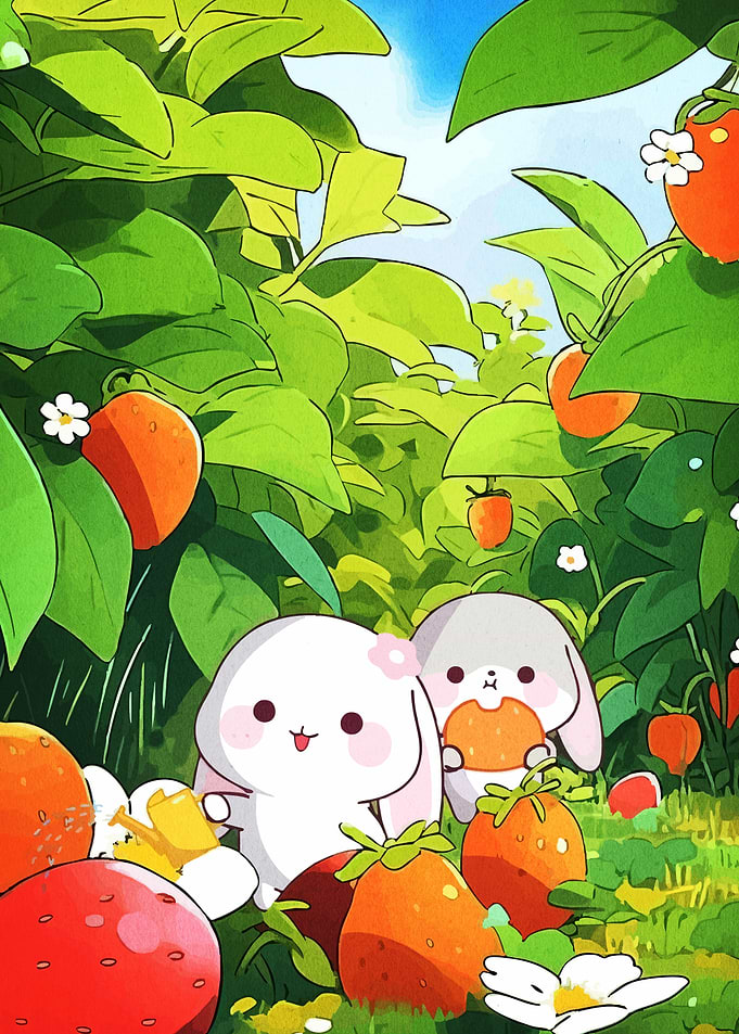 Cute Bunnies Strawberry Garden