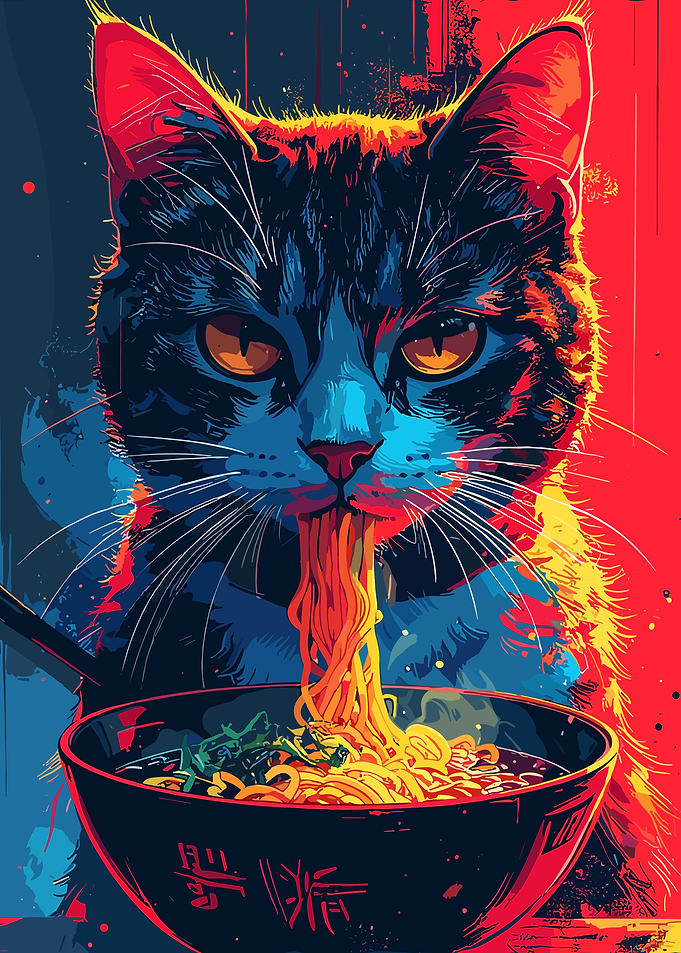 Cat eating ramen digital art