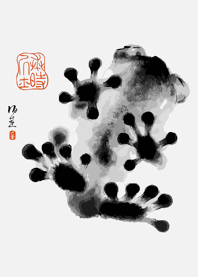 Funny Frog Art Poster, Ink Wash Frog Paw Prints Zen Amphibian Illustration Wall art Gift, Minimalist Graphic