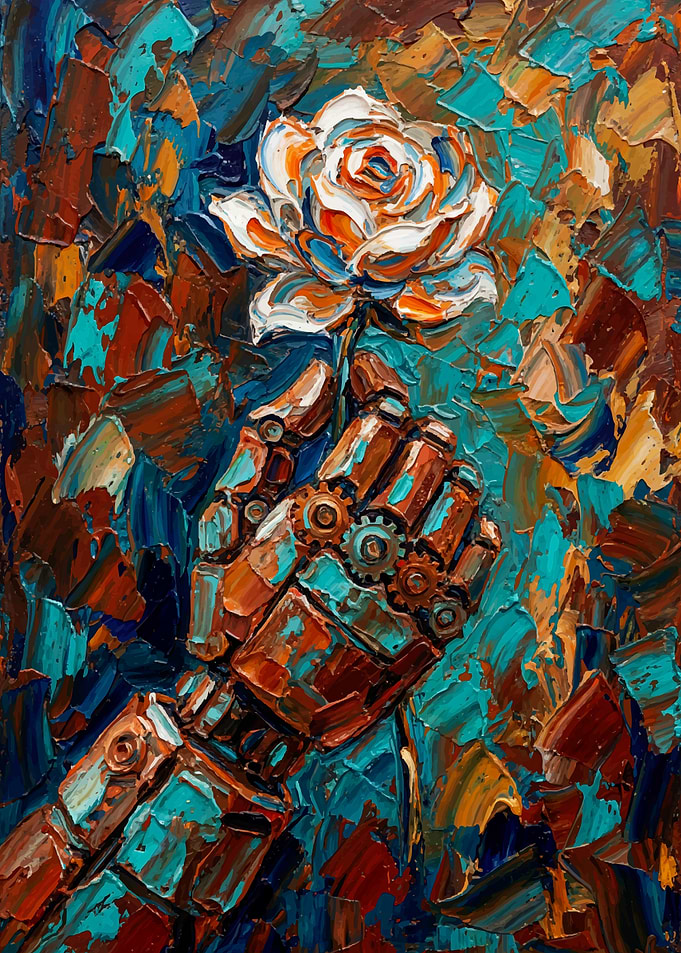 Robot Hand Holding Rose Painting