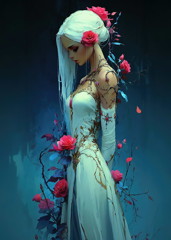 Elegant Woman with Roses in White Dress