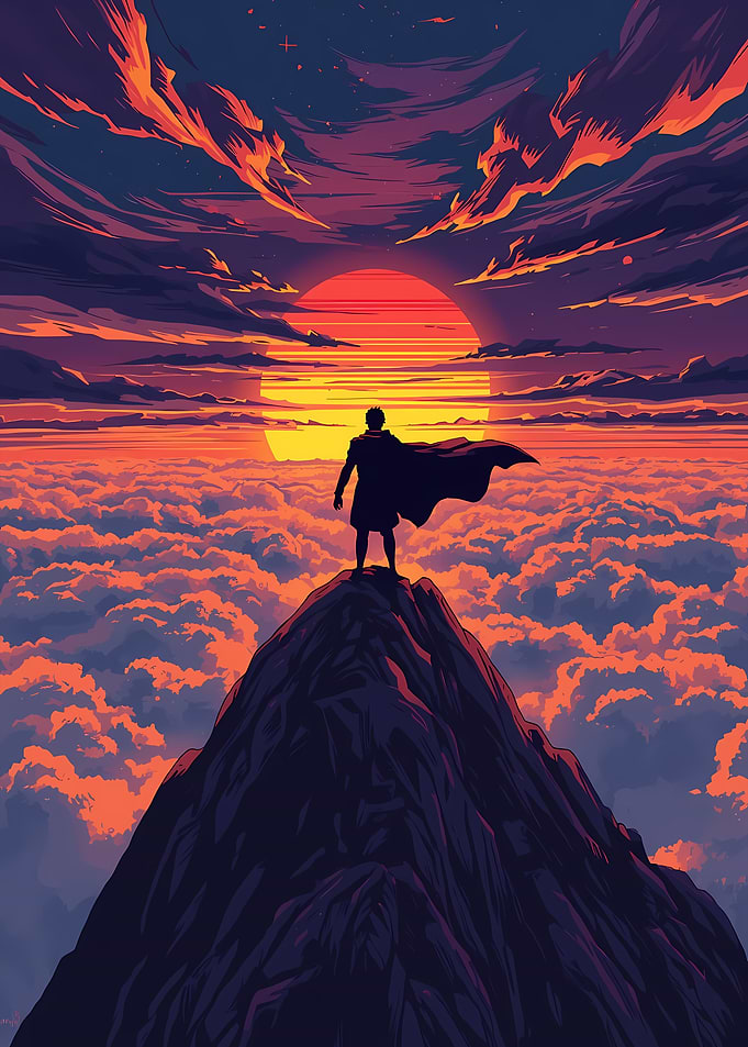 Silhouette on Mountain Peak at Sunset