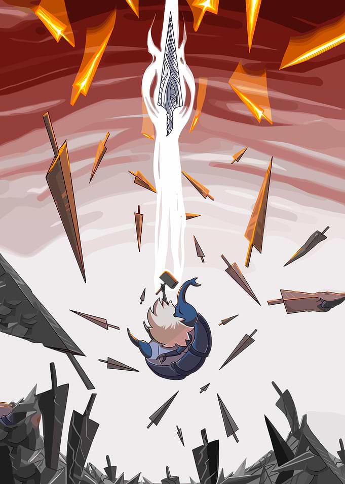 Beetle falling towards a sword