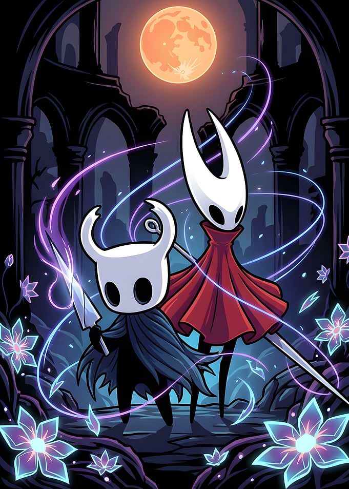 Hollow Knight characters under moonlight