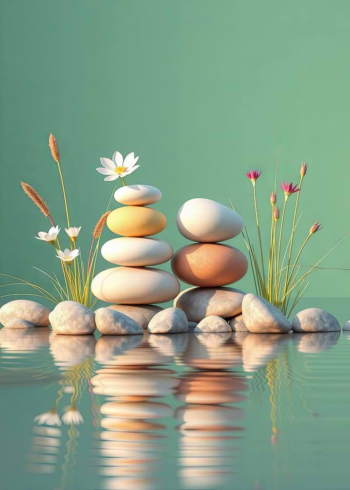 Zen Stones and Flowers Still Life