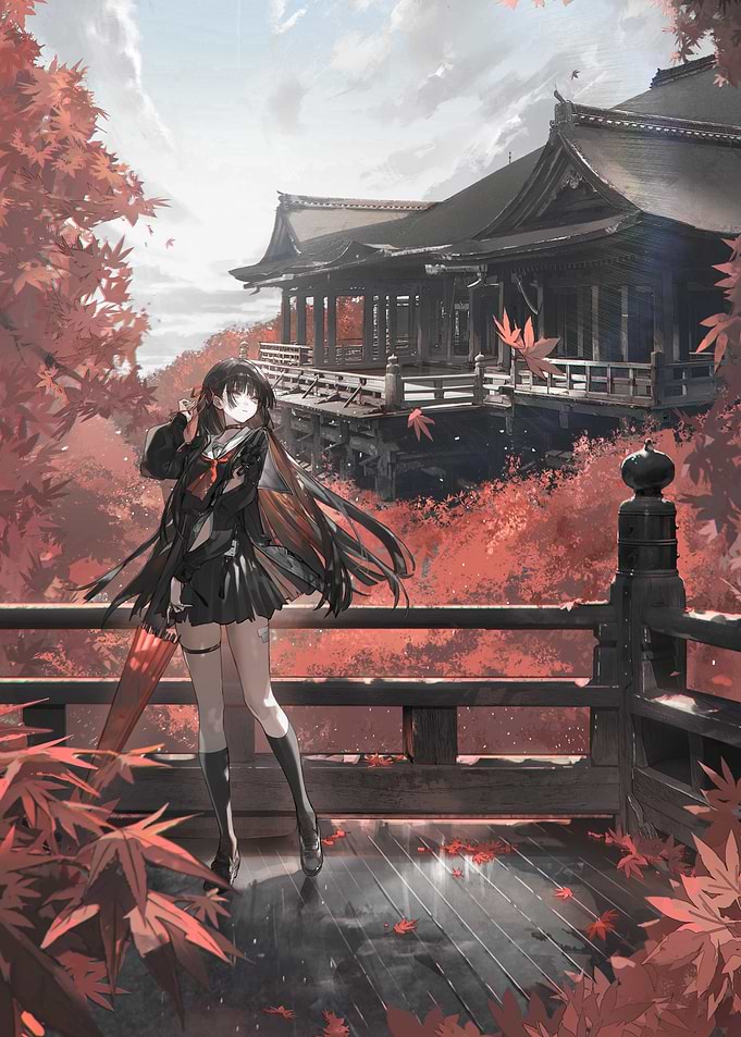 Girl in Japanese Autumn Landscape