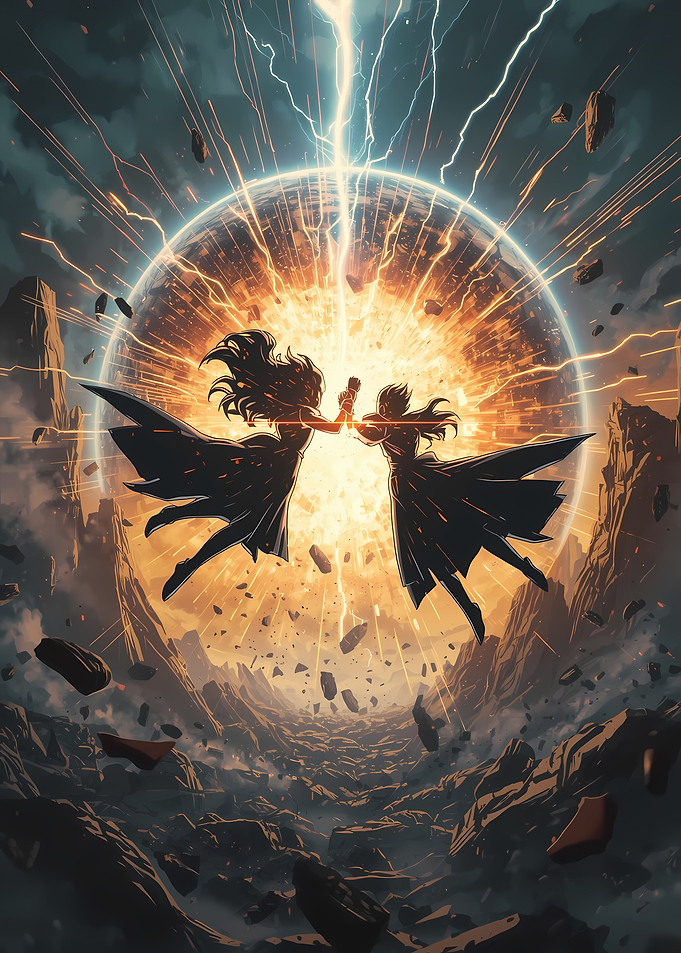 Two Figures Facing a Cosmic Event