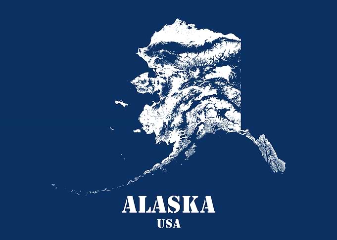 Alaska USA State Minimalist White Topographic Contour Relief Map featuring terrain on navy blue background