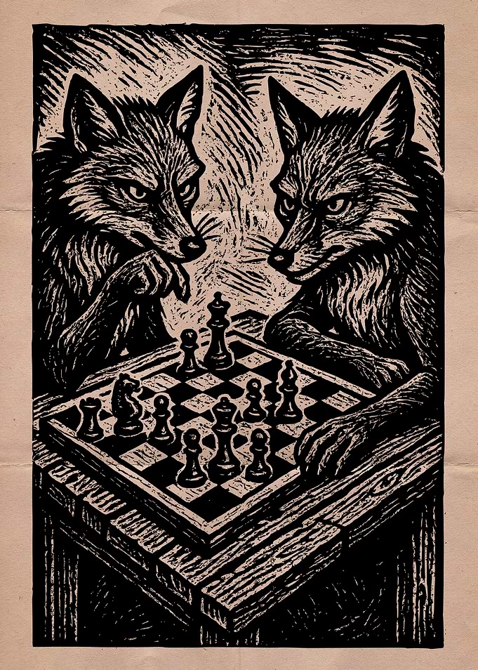 Foxes Playing Chess Woodcut
