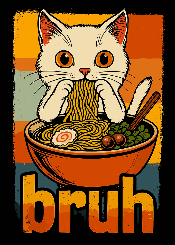 Bruh Cat Ramen Poster Funny Cat Wall Art Retro Anime Style Print Cute Decor