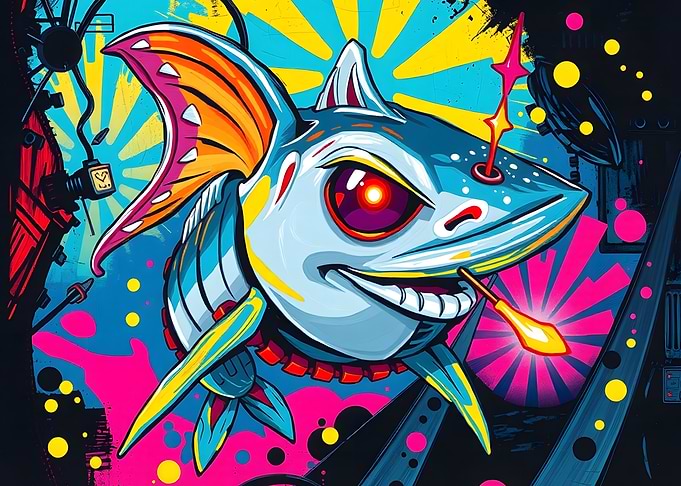 Cartoon Shark with Spear and Tech