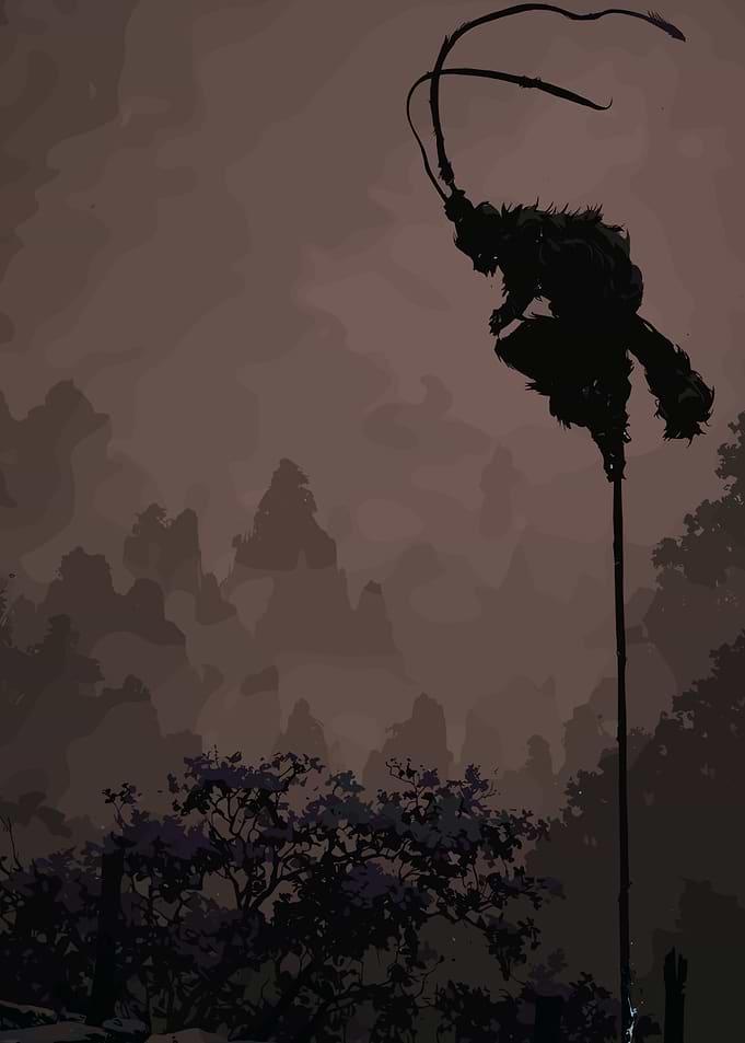 Monkey King Silhouette in Misty Landscape