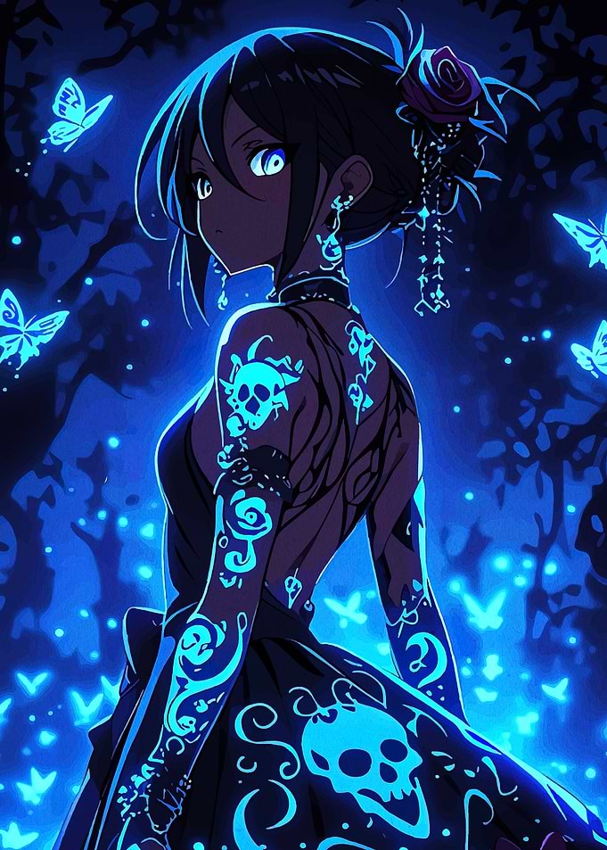 Anime Girl with Skull Tattoo in Blue