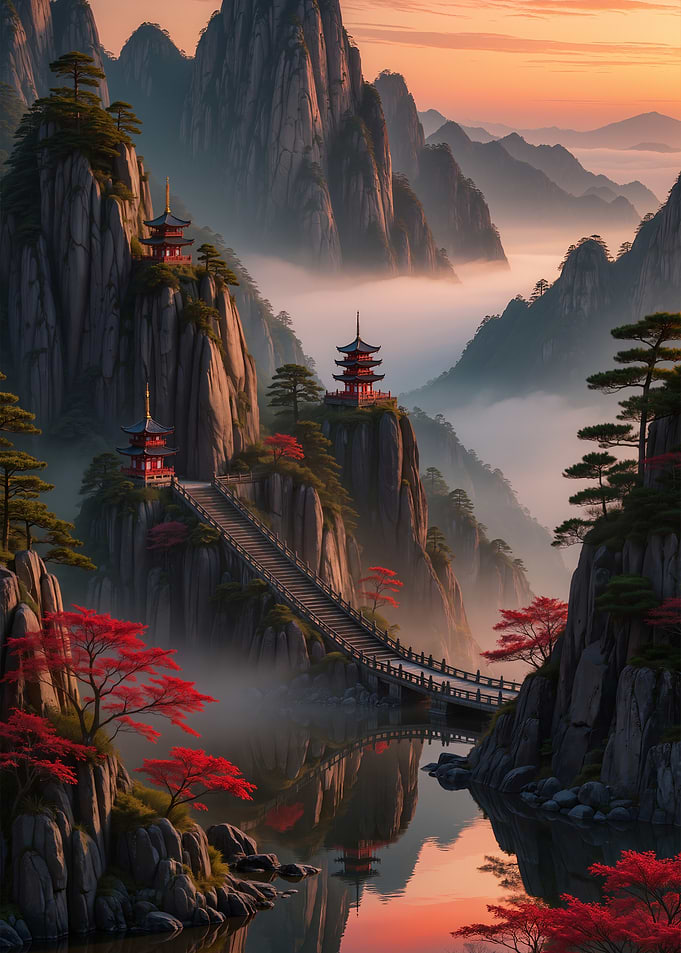 Mountain Pagodas and Bridge Landscape