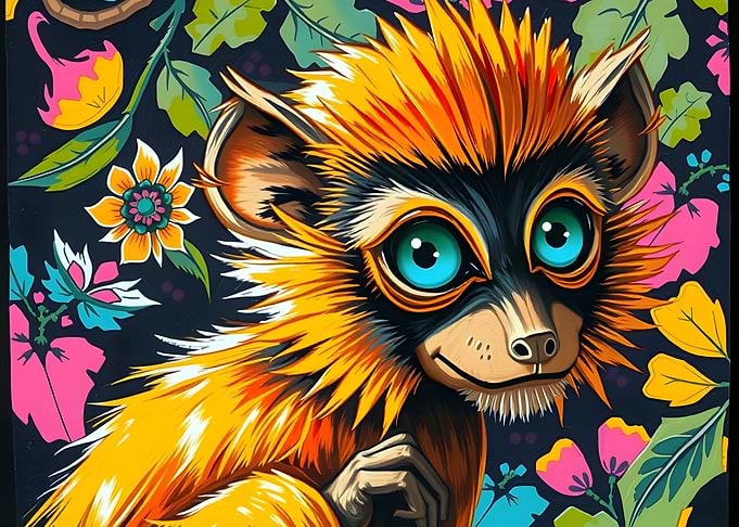 Cartoon Lemur with Floral Background