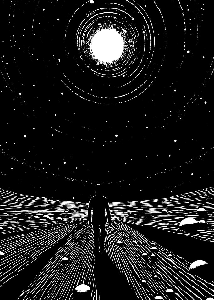 Monochrome Figure Under Celestial Light