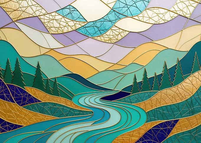 Stained Glass Landscape with River