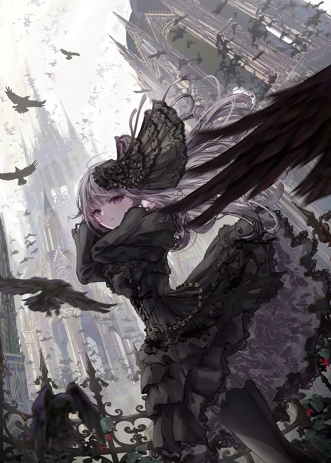 Gothic Anime Girl with Ravens