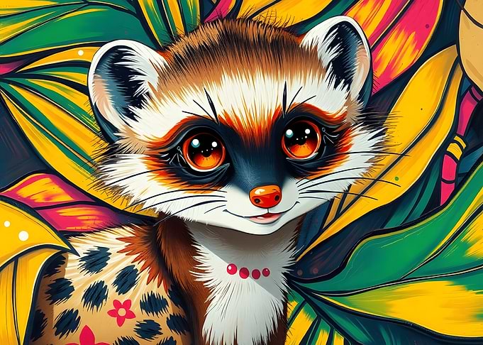 Cute Ferret with Colorful Floral Background