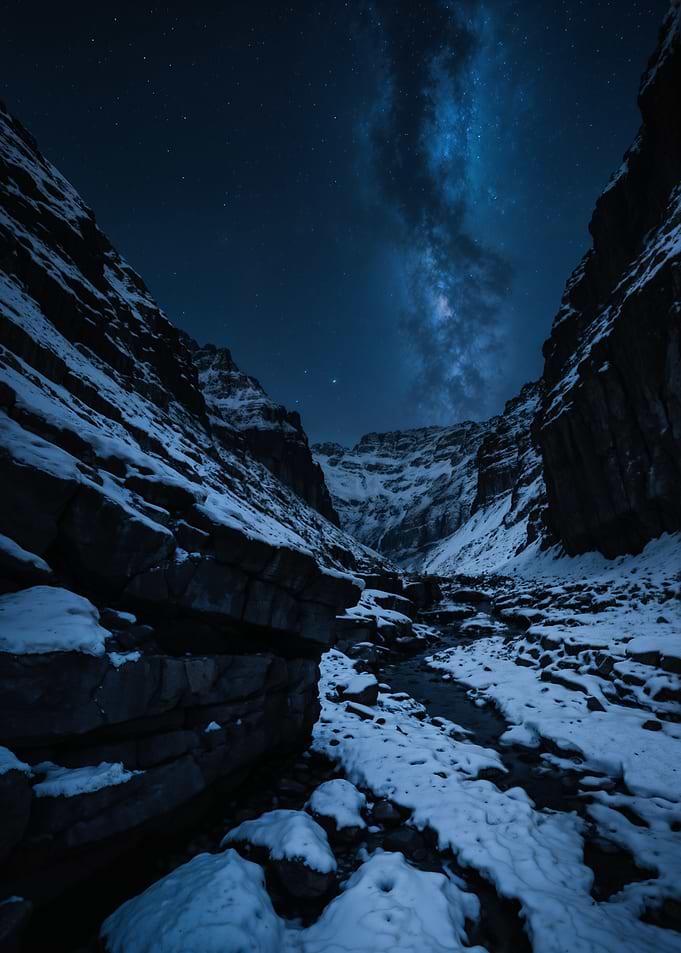 Snowy Mountain Canyon Under Milky Way