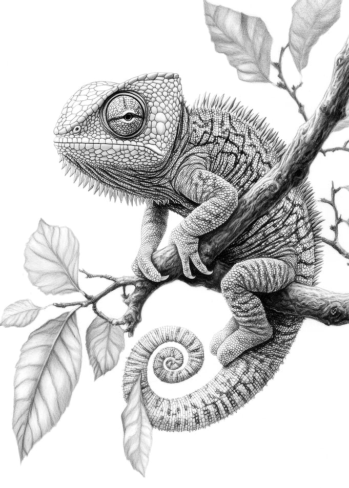 Chameleon on Branch - Detailed Drawing