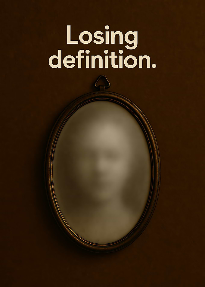 Blurred human face reflected in oval wall mirror with text