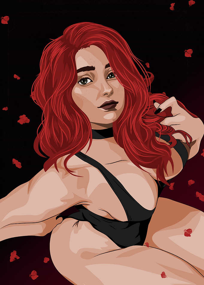 Red-haired woman in black lingerie art
