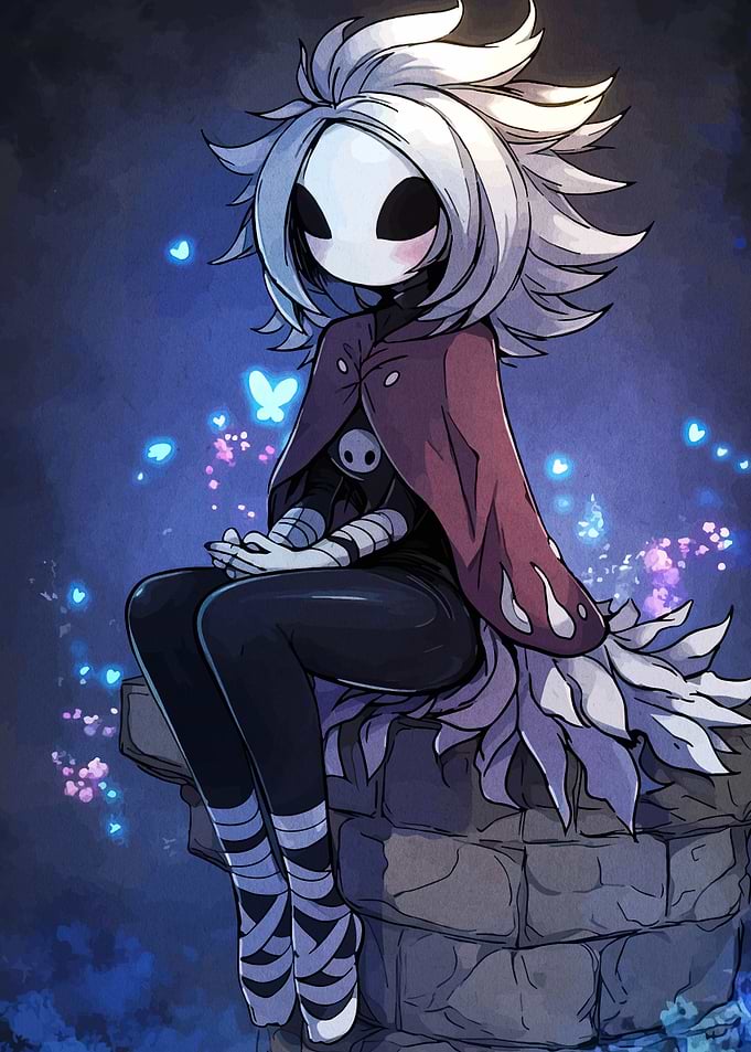 Hollow Knight character sitting on stone