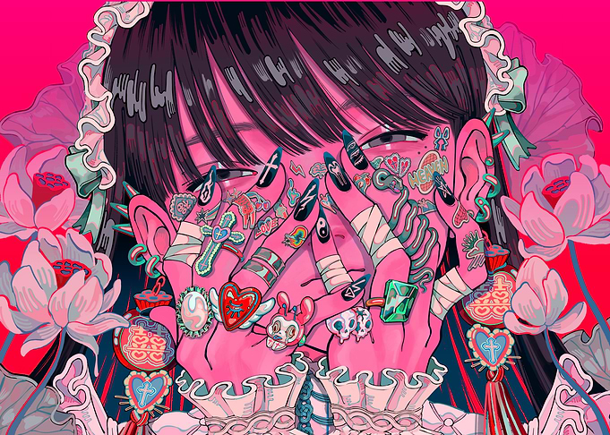 Pink Girl with Tattoos and Rings