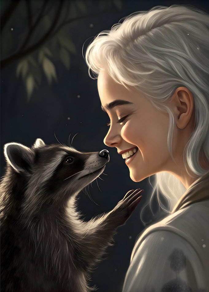 Gentle Connection A Woman and Raccoon Under the Stars – Fantasy Art