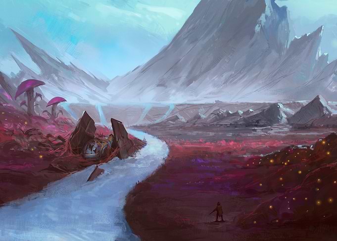 Alien Landscape with River and Mountains