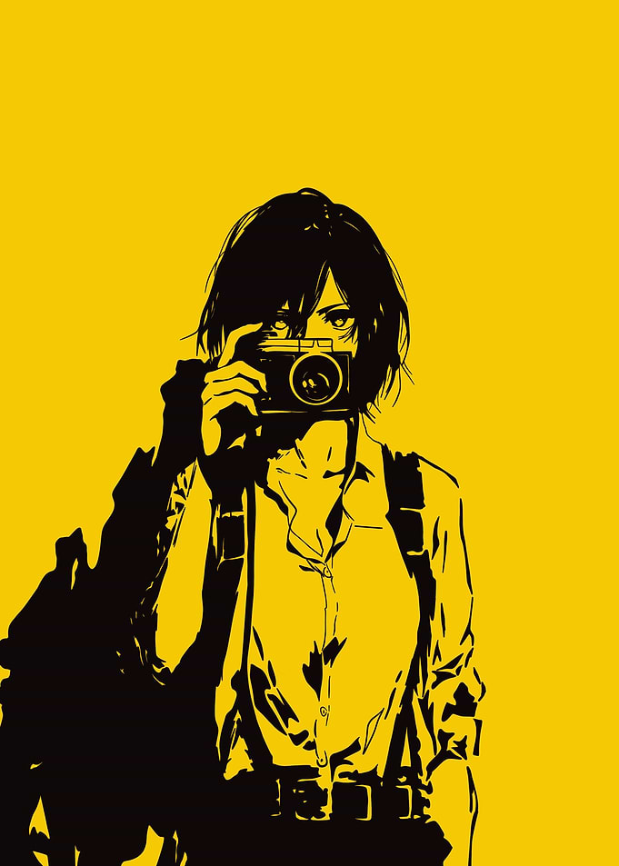 Anime Girl with Camera on Yellow