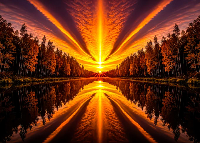 Symmetrical Sunset Reflection Over Water