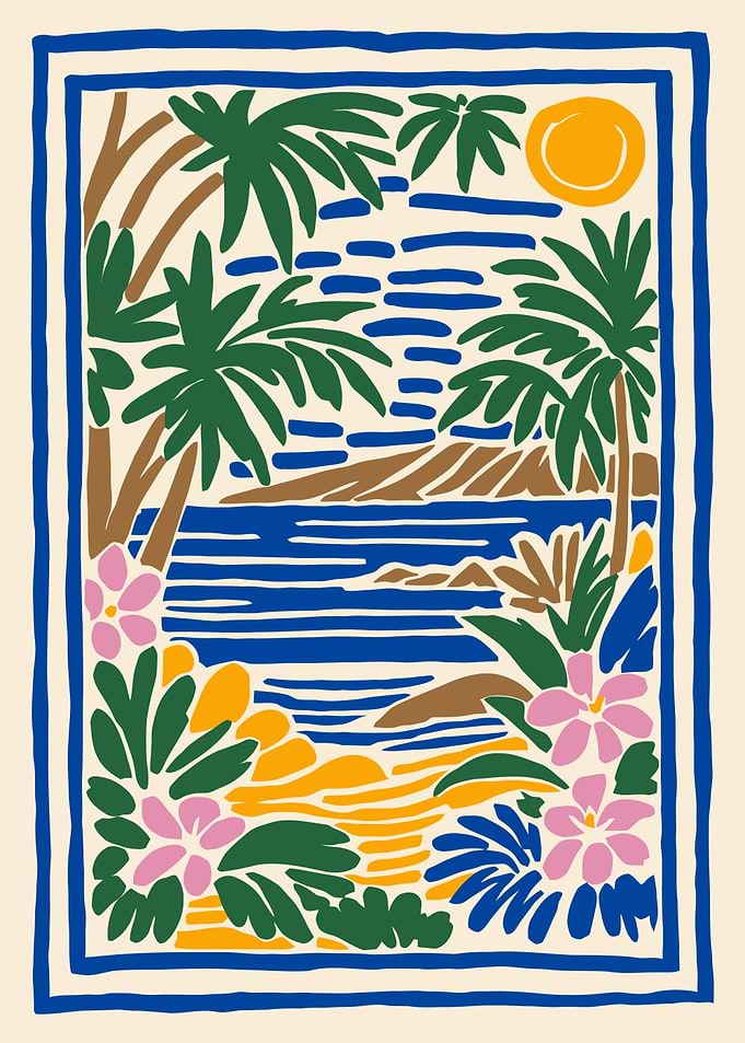 Tropical Beach Illustration with Floral Border