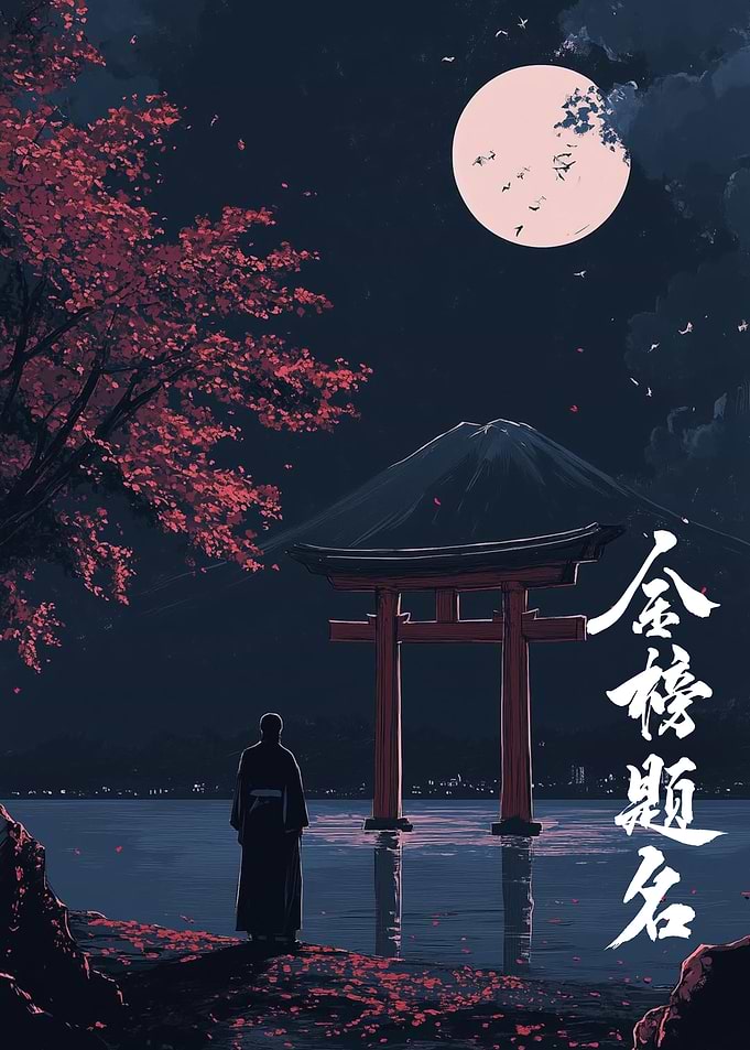 Japanese Night Landscape with Torii Gate