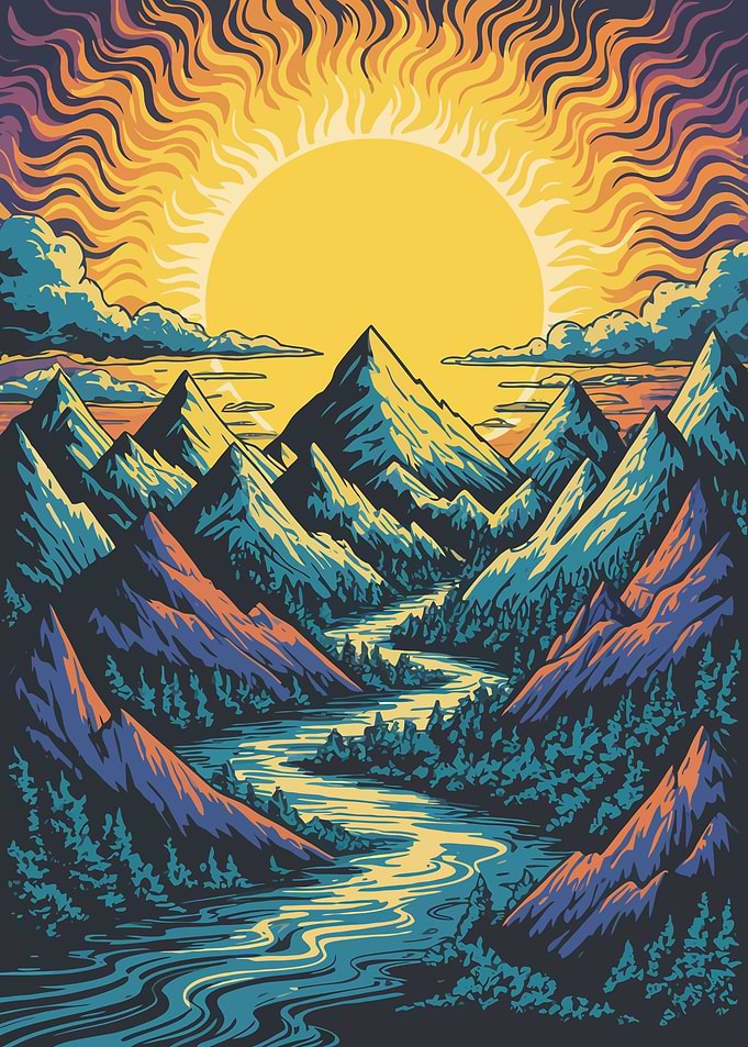 Mountain River Landscape with Sun
