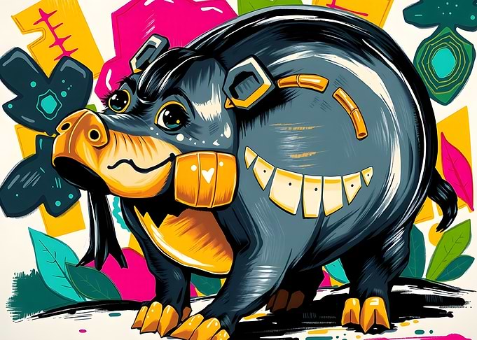 Stylized Hippo Illustration with Abstract Background