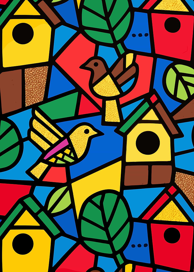 Colorful Birdhouse and Bird Stained Glass