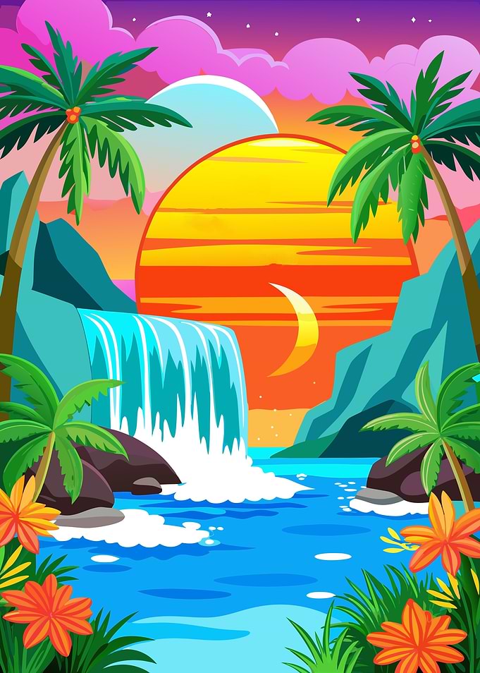 Fantasy Tropical Beach Sunset with Waterfall Metal Wall Print Art
