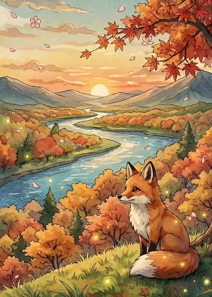 Fox in Autumn Landscape Illustration