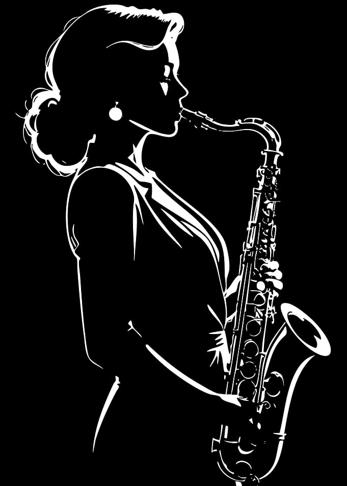 Woman playing saxophone, black and white